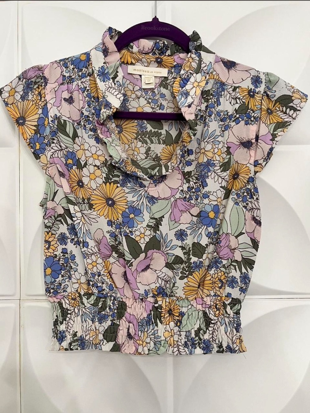 Monteau Floral Ruffled Short-Sleeve Top in Pastel Multi